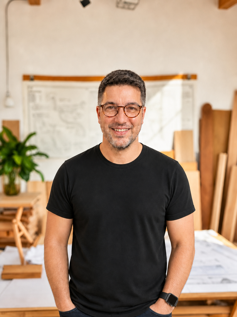 Roberto Dorneles, arquiteto, em seu estúdio com pranchetas e amostras de madeira